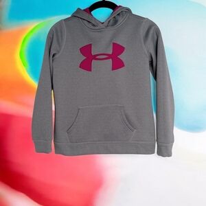 UNDER ARMOUR SILVER AND MAGENTA PULLOVER HOODIE‎ W/ EMBROIDERED LOGO ON FRONT YM